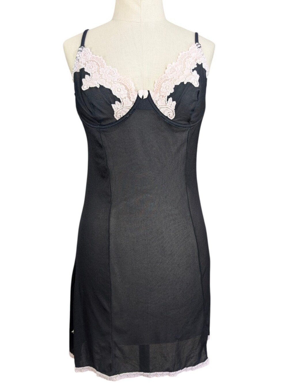 Sleep Club black mesh underwire slip dress pink lace trim coquette. Medium